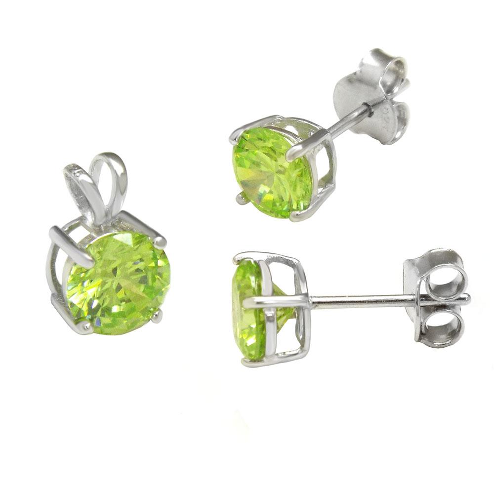 Sterling Silver Round Peridot CZ Earrings And Pendant Set