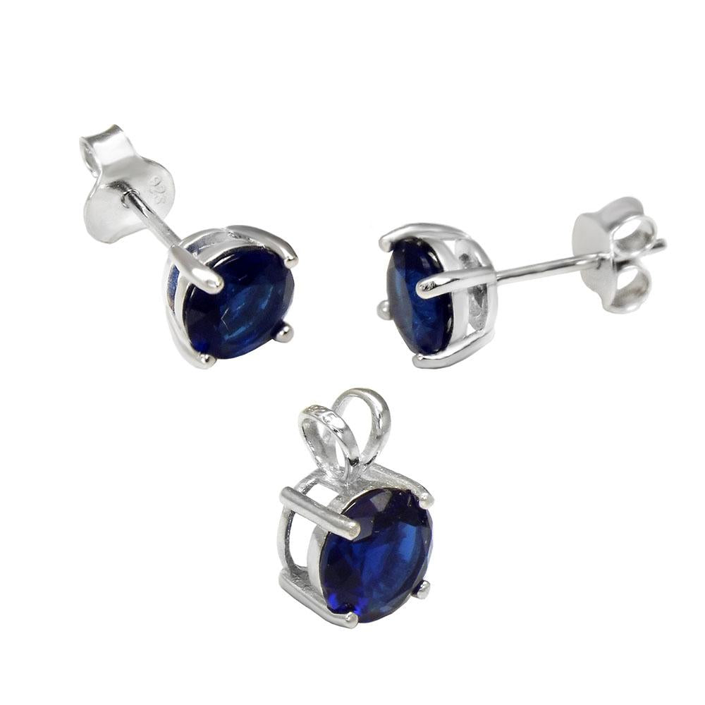 Sterling Silver Round Sapphire CZ Earrings And Pendant Set