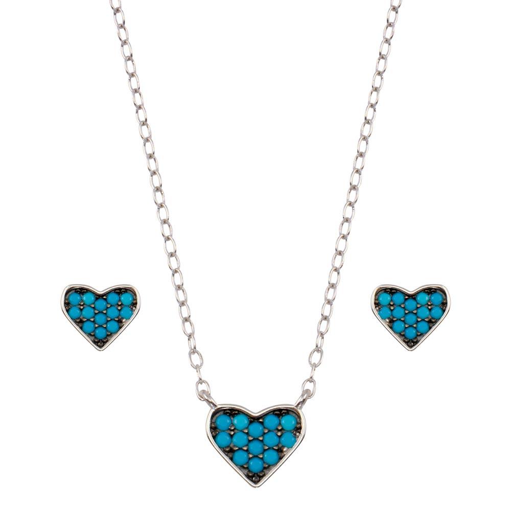Sterling Silver Rhodium Plated Blue Heart Cluster Set