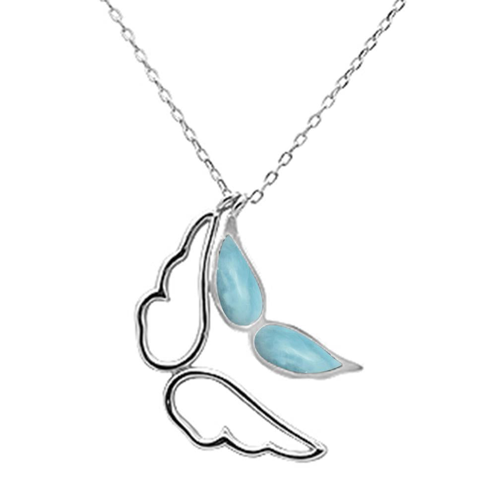 Sterling Silver Natural Larimar Angel Wings Design Pendant Necklace