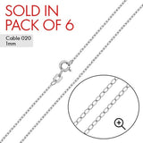 Pack of 6 Italian Sterling Silver Rhodium Plated Cable Chain 020-1 MM with Spring Clasp Closure