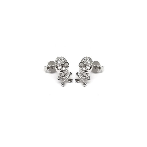 Sterling Silver Rhodium Plated Skull CZ Stud Earrings