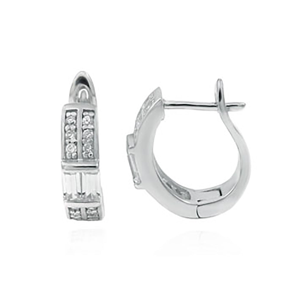 Sterling Silver Baguette and Round Cz Huggie Earrings with Earring Width of 4.5MM