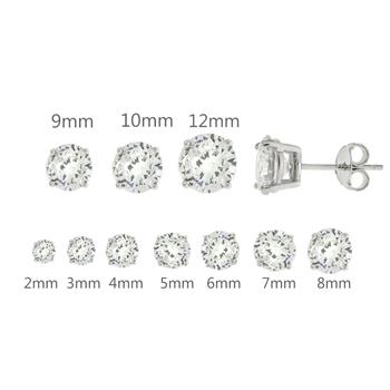 Sterling Silver Round Cubic Zirconia Stud Earring. Set on High Quality Prong Setting with Rhodium Finish & Friction Style Post