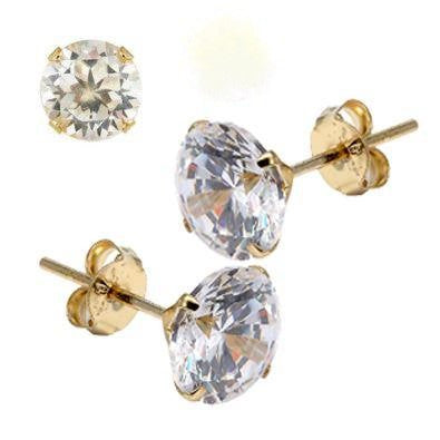 10K Yellow Gold Stud Round Simulated Diamond Earring. Set on High Quality Stamping Setting & Friction Style Post