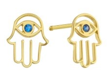 14K Yellow Gold Hand with Turkish Eye Screw Back Earrings