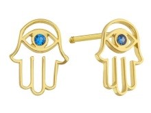 Load image into Gallery viewer, 14K Yellow Gold Hand with Turkish Eye Screw Back Earrings