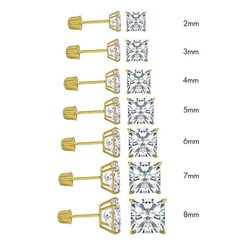 14k Yellow Gold Square Moissanite Screw Back Stud Earring