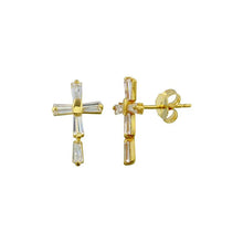 Load image into Gallery viewer, 14k Yellow Gold Baguette Cross Stud Push Back Earring