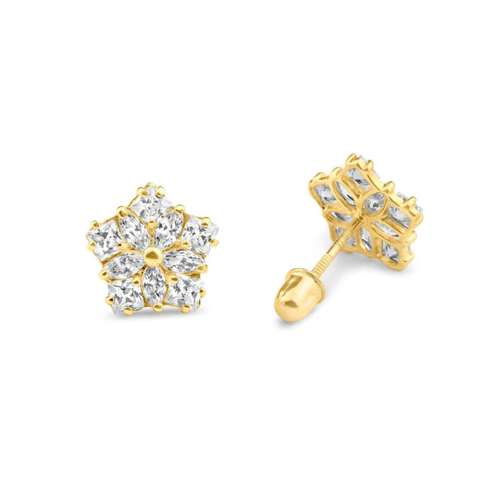 14K Yellow Gold CZ Flower Screw Back Stud Earring