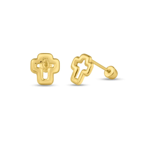 14k Yellow Gold Open Cross Screw Back Stud Earrings