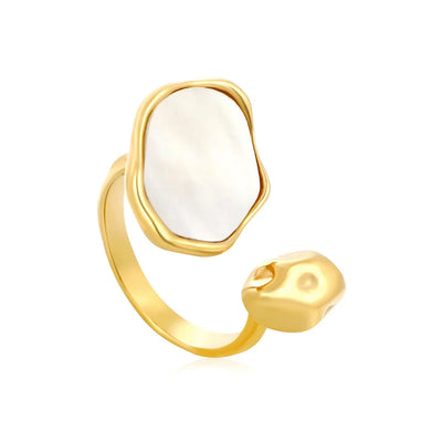Stainless Steel Gold Color PVD Irregular Oval White Mother Of Brown And White Adjustable Ring
