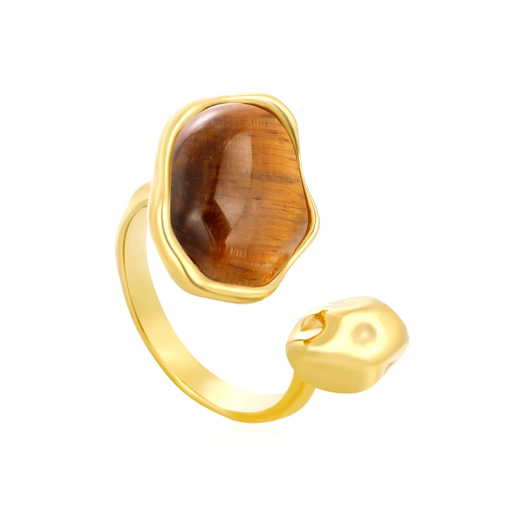 Stainless Steel Gold Color PVD Irregular Oval Brown Adjustable Ring