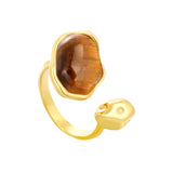 Stainless Steel Gold Color PVD Irregular Oval Brown Adjustable Ring