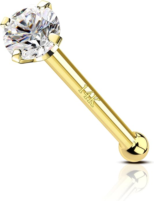 14k Yellow Gold CZ Nose Stud with End Ball