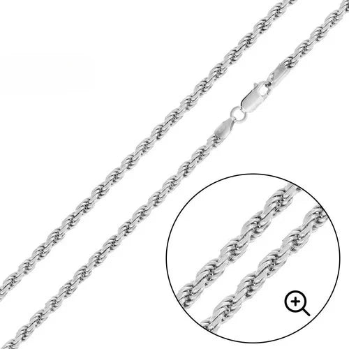 Italian Solid Sterling Silver Rope Chain 080 - 4MM Nickel Free Necklace with Lobster Claw Clasp Closure