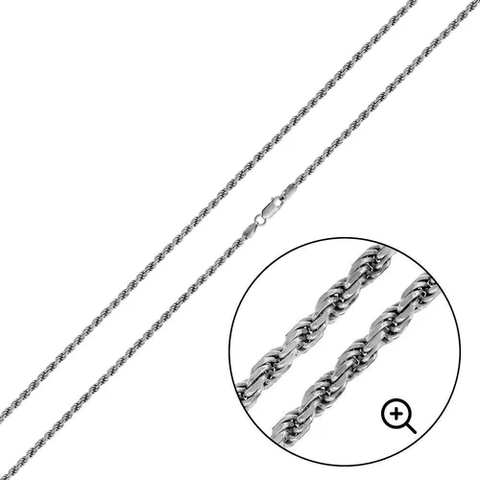 Italian Sterling Silver Rhodium Plated Rope 030- 1.4 mm with Lobster Claw Clasp Closure