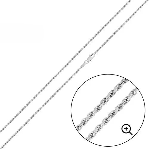 Italian Solid Sterling Silver Rope Chain 050 - 2.5MM Nickel Free Necklace with Lobster Claw Clasp Closure, Length 18"