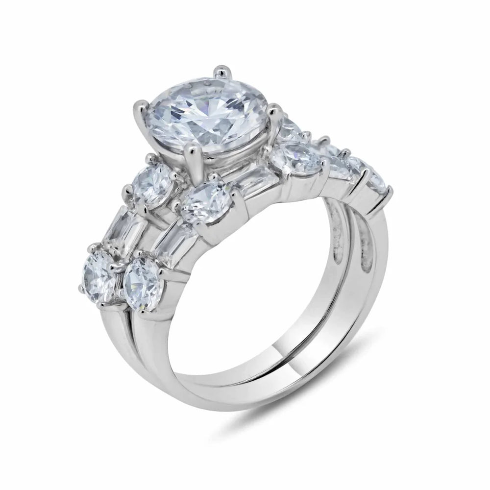 Sterling Silver Rhodium Plated Clear Round Center CZ Bridal Ring Set