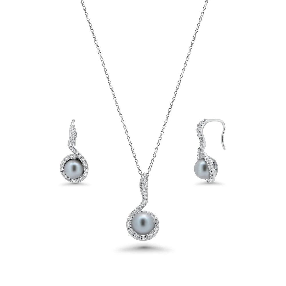 Sterling Silver Rhodium Plated Gray Pearl Clear CZ Hanging Stud Earring and Necklace Set With CZ  Stones