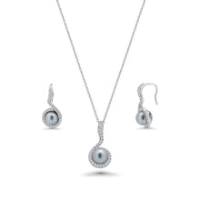 Load image into Gallery viewer, Sterling Silver Rhodium Plated Gray Pearl Clear CZ Hanging Stud Earring and Necklace Set With CZ  Stones