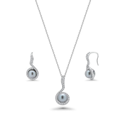 Sterling Silver Rhodium Plated Gray Pearl Clear CZ Hanging Stud Earring and Necklace Set With CZ  Stones