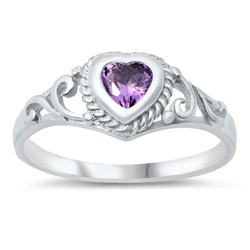 Sterling Silver Rhodium Plated Amethyst CZ Heart Baby Ring