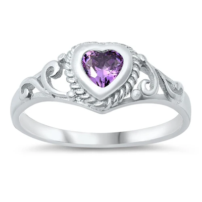 Sterling Silver Rhodium Plated Amethyst CZ Heart Baby Ring
