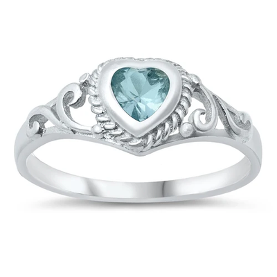 Sterling Silver Rhodium Plated Aquamarine CZ Heart Baby Ring