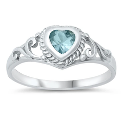 Sterling Silver Rhodium Plated Aquamarine CZ Heart Baby Ring