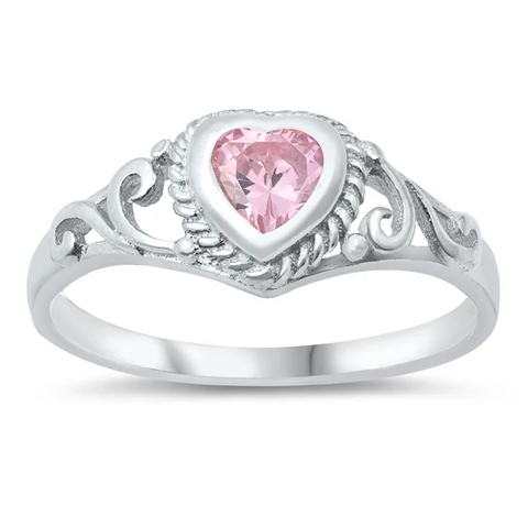 Sterling Silver Rhodium Plated Pink CZ Heart Baby Ring