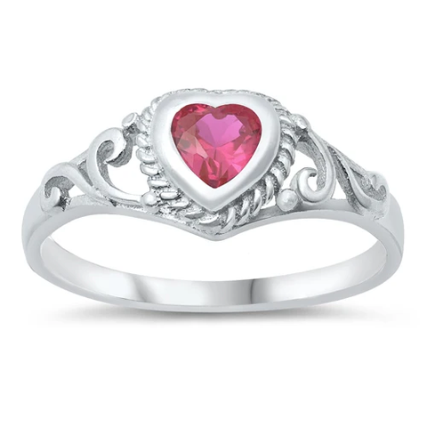Sterling Silver Rhodium Plated Ruby CZ Heart Baby Ring