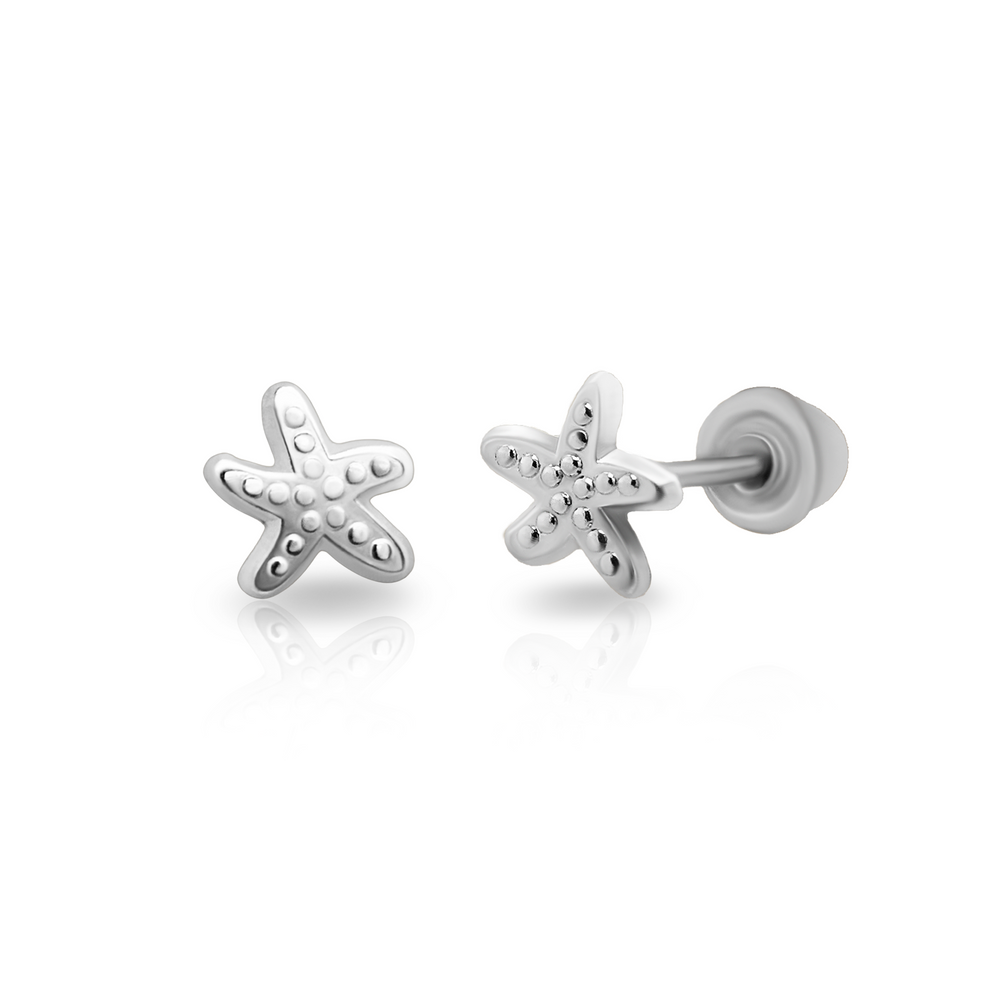 Sterling Silver Rhodium Plated Starfish Screw Back Earring