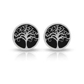Sterling Silver Rhodium Plated Tree Of Life With Black Background Screw Back Earring