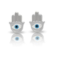 Sterling Silver Rhodium Plated Hamsa Evil Eye Screw Back Earring