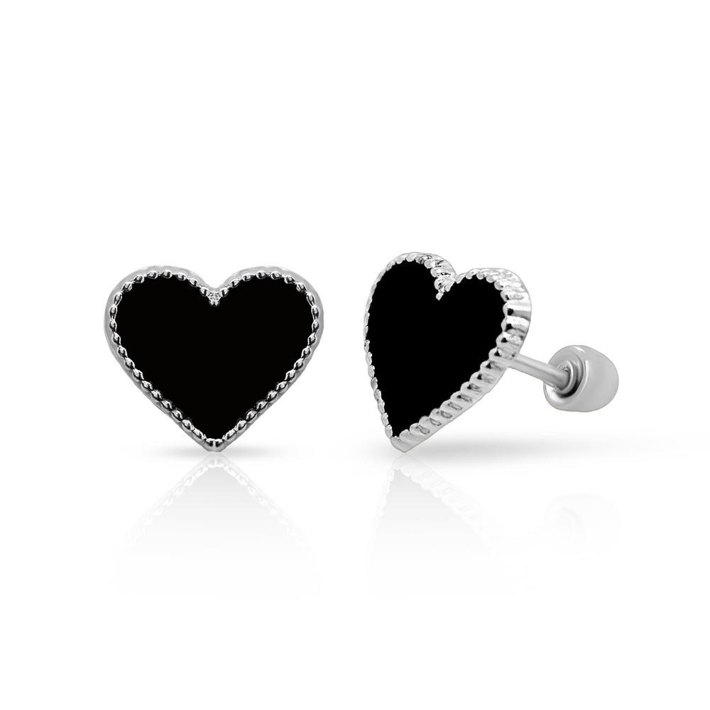 Sterling Silver Rhodium Plated Enamel Black Heart Screw Back Earring