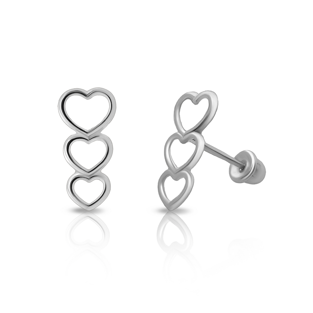 Sterling Silver Rhodium Plated Three Heart Stack Screw Back Earring