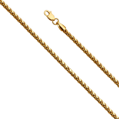 14K Yellow Gold 2.7mm Lobster 8 Side Diamond Cut Hollow Wheat Polished Chain With Spring Clasp Closure
