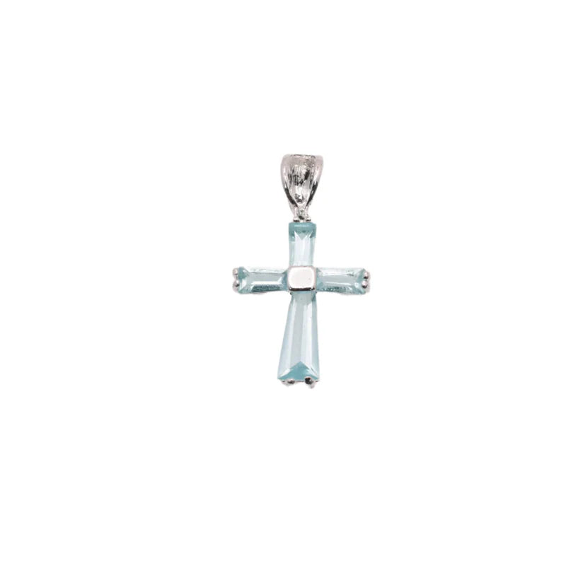 Sterling Silver Rhodium Plated March Birthstone Aquamarine CZ Cross Charm