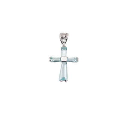 Sterling Silver Rhodium Plated March Birthstone Aquamarine CZ Cross Charm