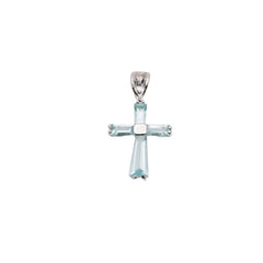 Sterling Silver Rhodium Plated March Birthstone Aquamarine CZ Cross Charm