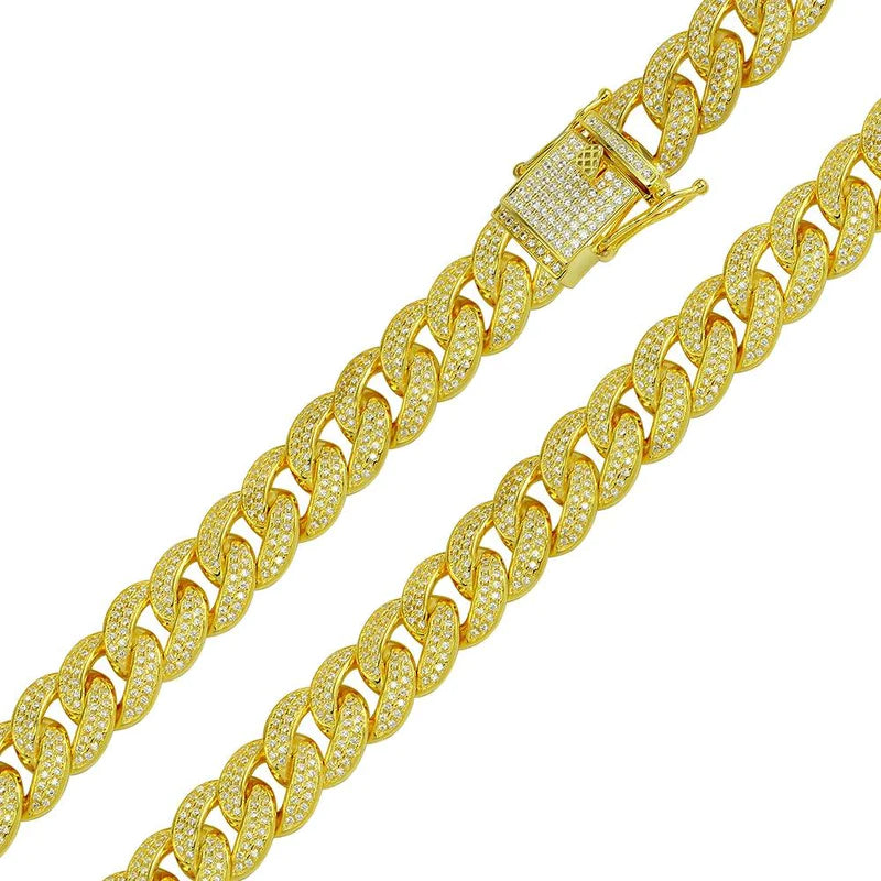 Sterling Silver Gold Plated CZ Encrusted 11.7mm Curb Chain