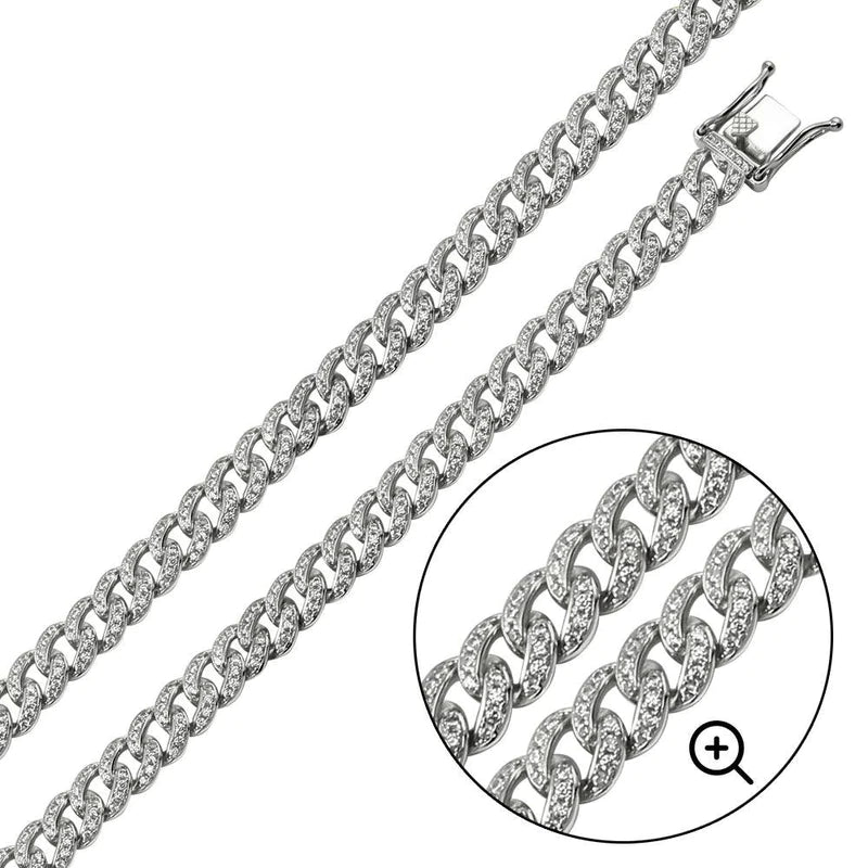 Sterling Silver Rhodium Plated CZ Encrusted 8.9mm Curb Chains