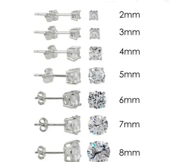 SOLD WITHOUT PAD Sterling Silver Rhodium Plated Round Basket Clear CZ Stud Earring, Size 8mm