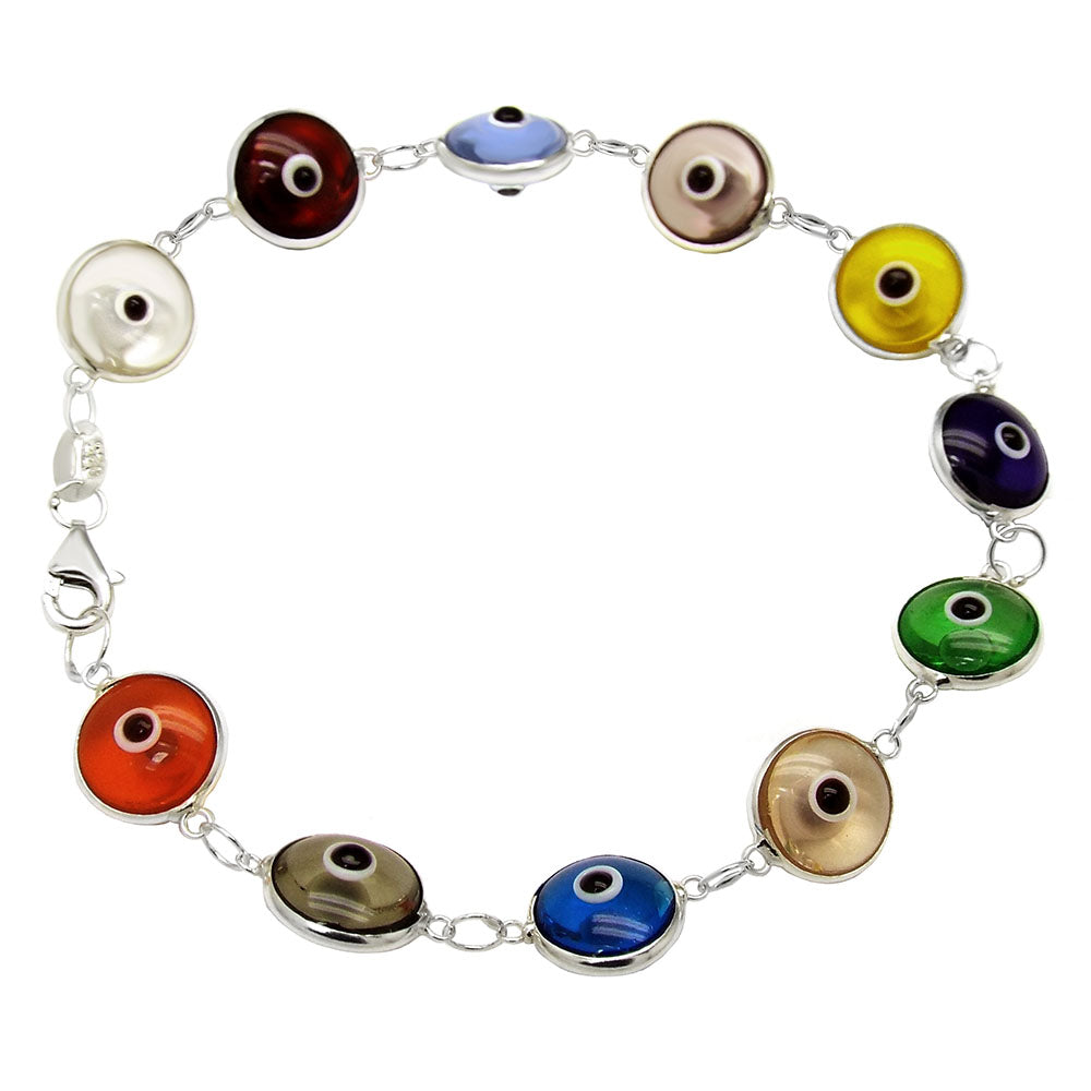 Sterling Silver 10mm Transparent Multi Color Evil Eye Bracelet