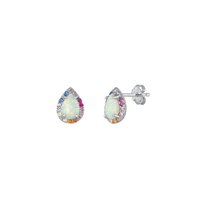Sterling Silver Rhodium Plated White Lab Opal and Multi-colored CZ Pear Earrings