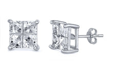 Load image into Gallery viewer, Sterling Silver Princess Invisible Cut Cubic Zirconia Stud Earring. Set on High Quality Prong Setting with Rhodium Finish &amp; Friction Style Post