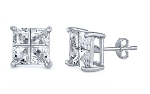 Sterling Silver Princess Invisible Cut Cubic Zirconia Stud Earring. Set on High Quality Prong Setting with Rhodium Finish & Friction Style Post