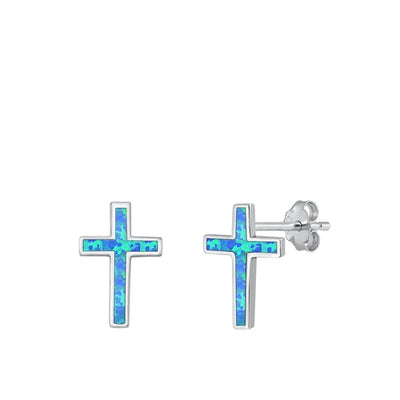 Sterling Silver Blue 14mm Lab Opal Cross Earring