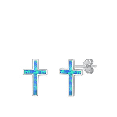 Sterling Silver Blue 14mm Lab Opal Cross Earring